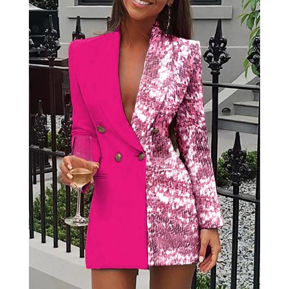 Women's Contrast Sequin Buttoned Blazer Dress | Pink | Size Large